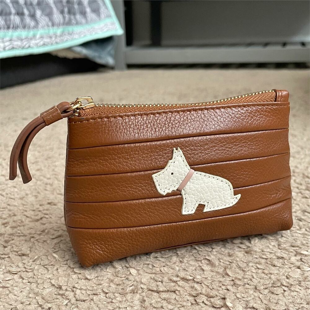 RADLEY LONDON Scottie Dog Coin Purse White w Pink Collar, Cognac Pebbled Leather